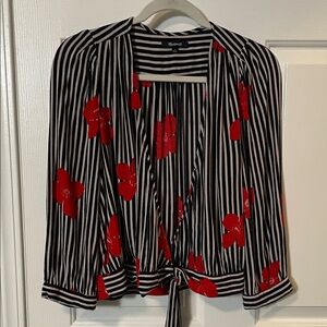 MADEWELL Candied Orchids Black White Striped Blouse Top Floral Large V neck Wrap